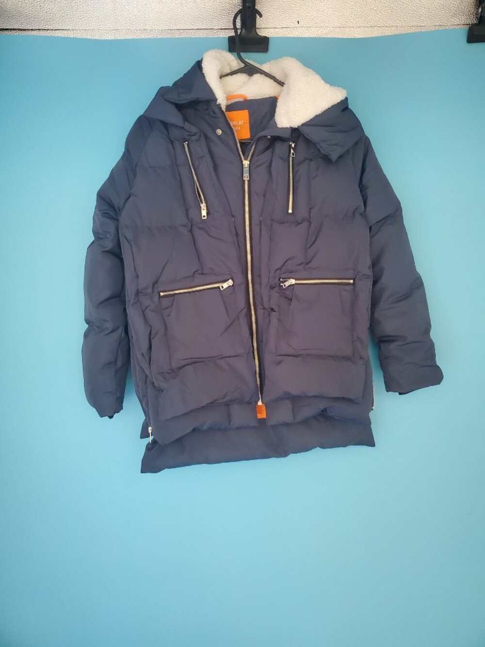 Orolay Kids Down Coat Size 150 11-12Y Navy Blue Puffer Jacket Fleece Hood